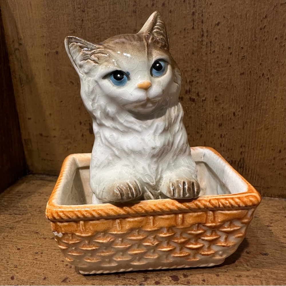 Vintage Ceramic Cat in Basket Figurine
